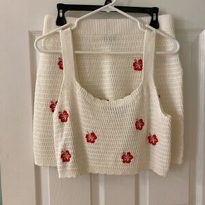 Wild Fable Cream Knit Crop Top with Red Floral Design